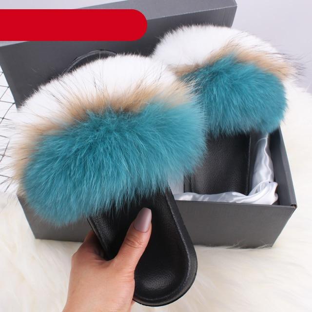 Indoor Fox Fur Slides for Women Eva Soft Sole