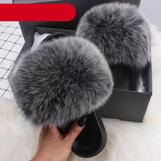 Indoor Fox Fur Slides for Women Eva Soft Sole