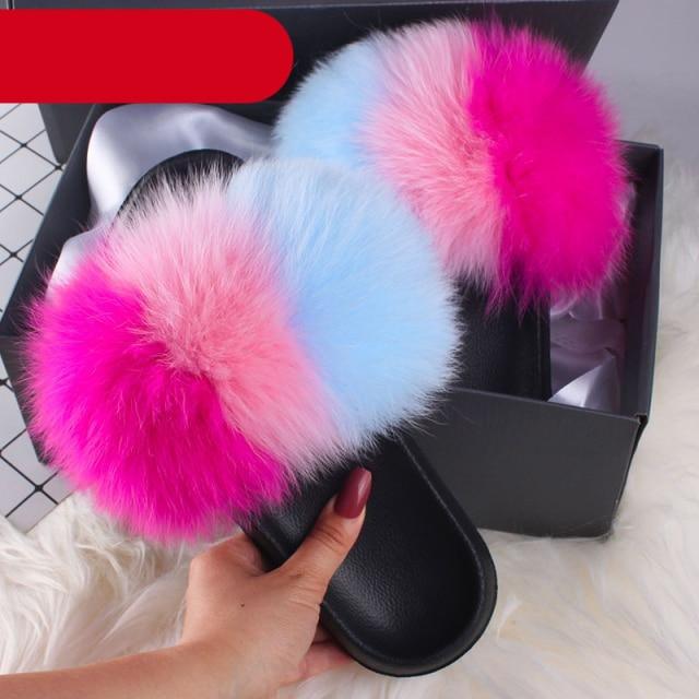 Indoor Fox Fur Slides for Women Eva Soft Sole