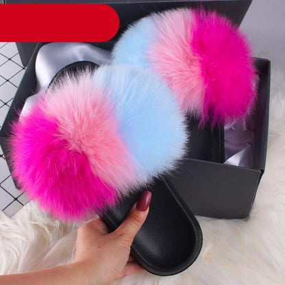 Indoor Fox Fur Slides for Women Eva Soft Sole