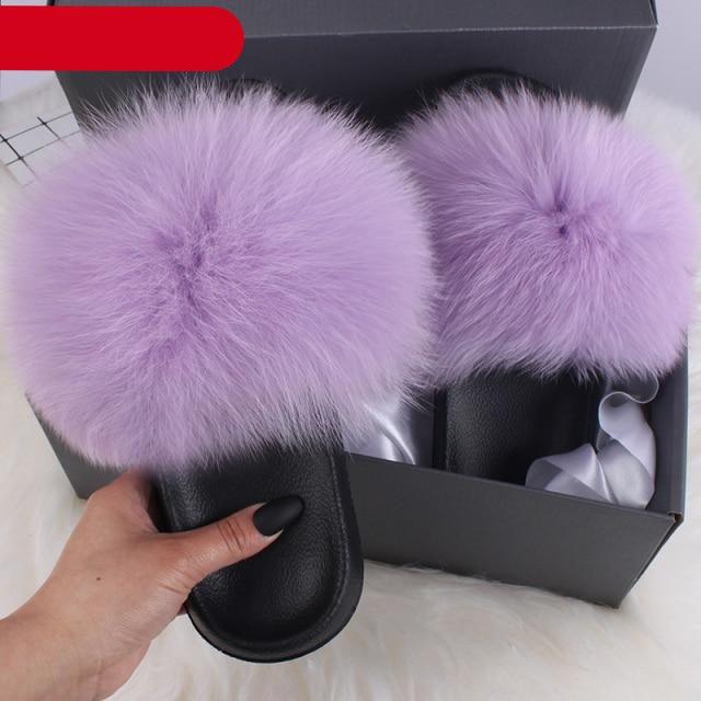 Indoor Fox Fur Slides for Women Eva Soft Sole
