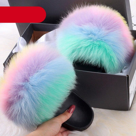 Indoor Fox Fur Slides for Women Eva Soft Sole