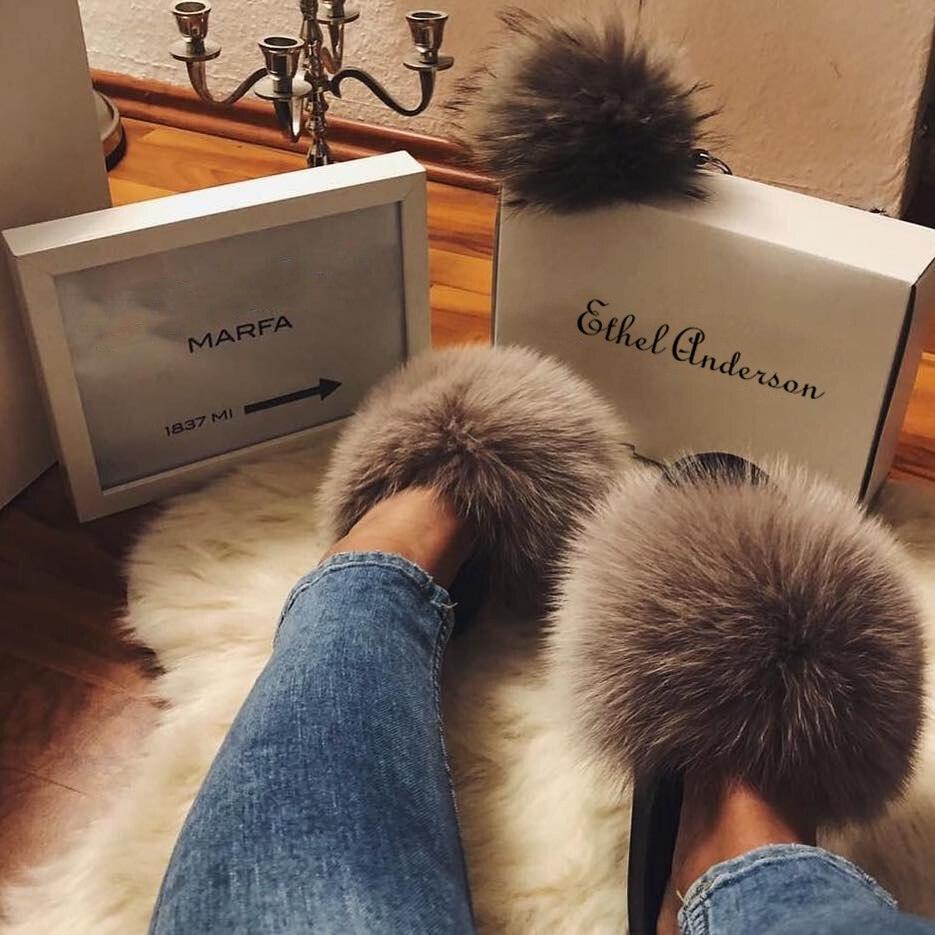 Indoor Fox Fur Slides for Women Eva Soft Sole