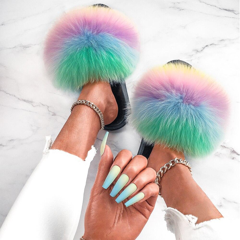 Indoor Fox Fur Slides for Women Eva Soft Sole