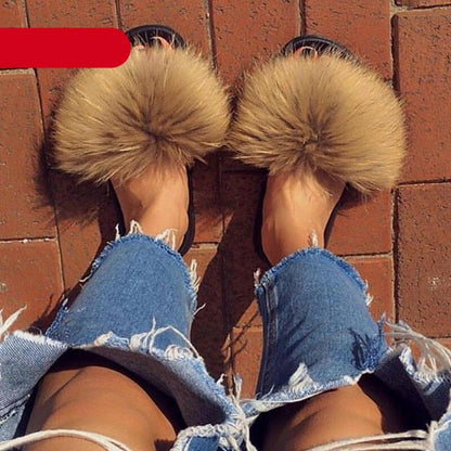 Indoor Fox Fur Slides for Women Eva Soft Sole
