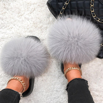 Indoor Fox Fur Slides for Women Eva Soft Sole
