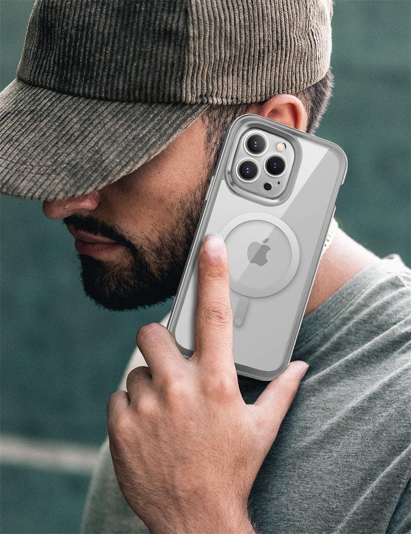 Stevvex iPhone 14 Pro Max clear case with slim gray bumper and built-in screen protector on Tampa Home & Garden Store