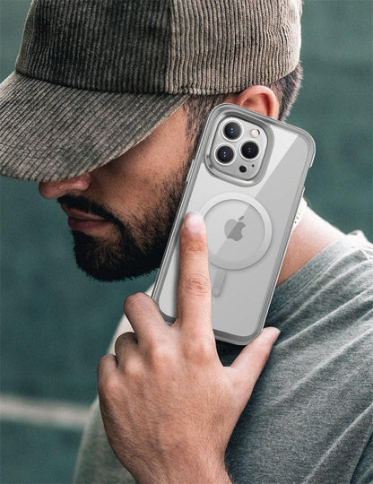 Stevvex iPhone 14 Pro Max clear case with slim gray bumper and built-in screen protector on Tampa Home & Garden Store