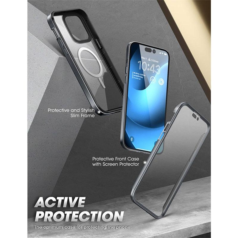 Stevvex iPhone 14 Pro Max clear case with slim black bumper and built-in screen protector on Tampa Home & Garden Store