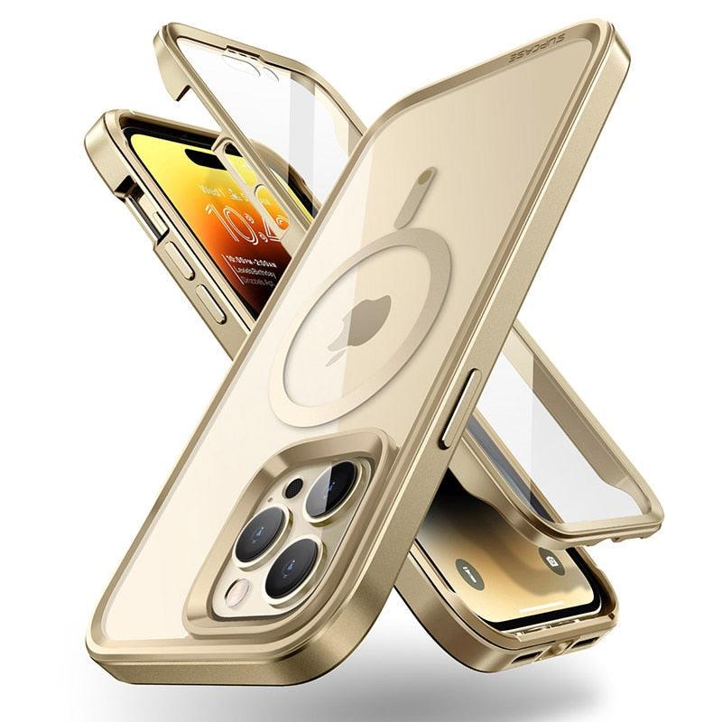 Stevvex iPhone 14 Pro Max case gold clear with strong edges and built-in screen protector on Tampa Home & Garden Store
