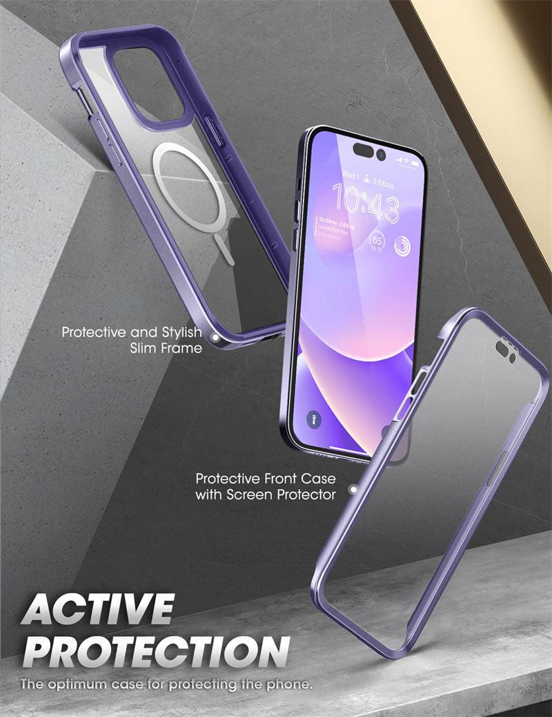 Stevvex iPhone 14 Pro Max case 6.7-inch purple frame with clear back and screen protector on Tampa Home & Garden Store