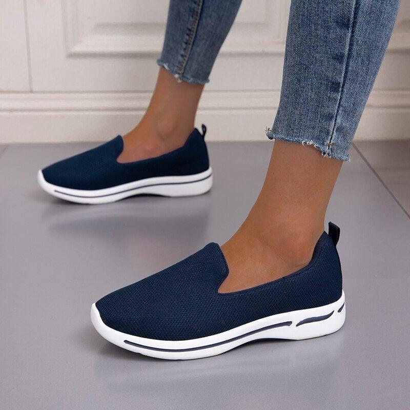 Stevvex women's navy blue breathable mesh slip-on sneakers with white cushioned sole on Tampa Home & Garden Store