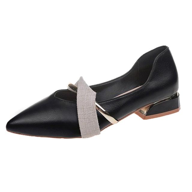 Stevvex black pointed-toe backless low-heel slippers with beige fabric strap on Tampa Home & Garden Store