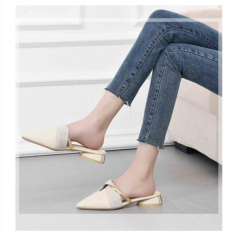 Stevvex elegant low-heel slip-on slippers beige backless with glitter strap and gold heel on Tampa Home & Garden Store