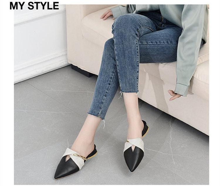 Stevvex women's backless pointed-toe slippers with black toe and cream straps on Tampa Home & Garden Store