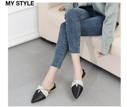 Stevvex women's backless pointed-toe slippers with black toe and cream straps on Tampa Home & Garden Store