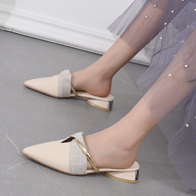 Stevvex beige pointed-toe slippers with gray fabric strap, gold accents, low backless heel on Tampa Home & Garden Store