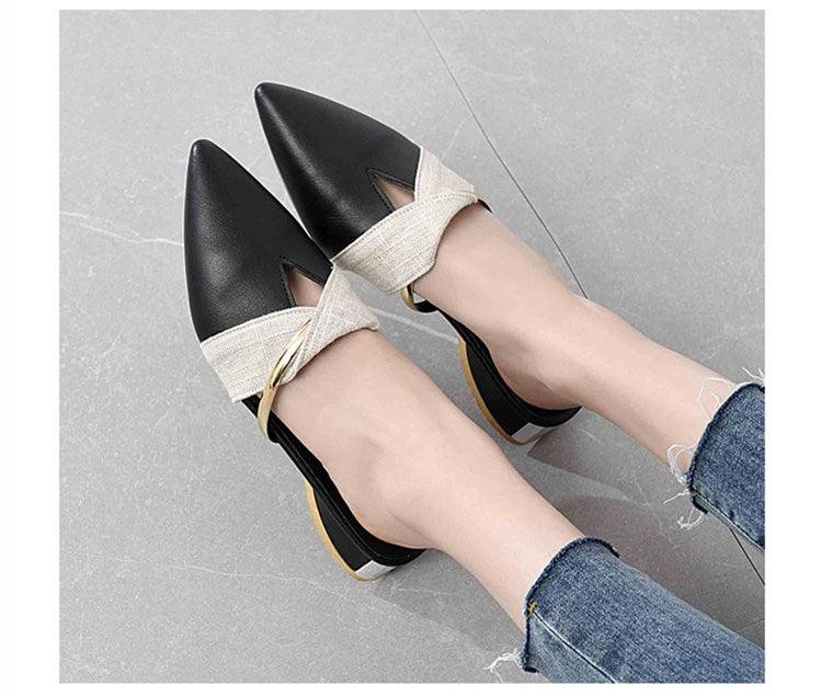 Stevvex black pointed-toe backless slippers with beige woven cross strap and low heel on Tampa Home & Garden Store
