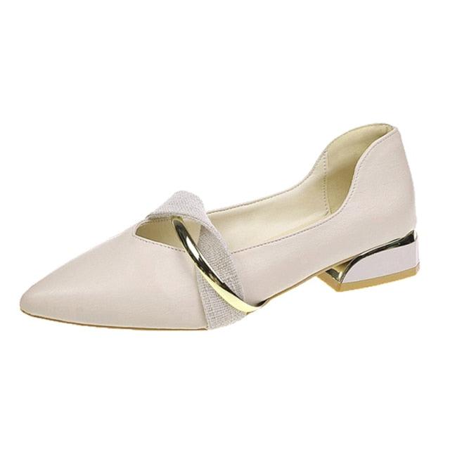 Stevvex beige pointed-toe backless low-heel slippers with gold-tone strap on Tampa Home & Garden Store