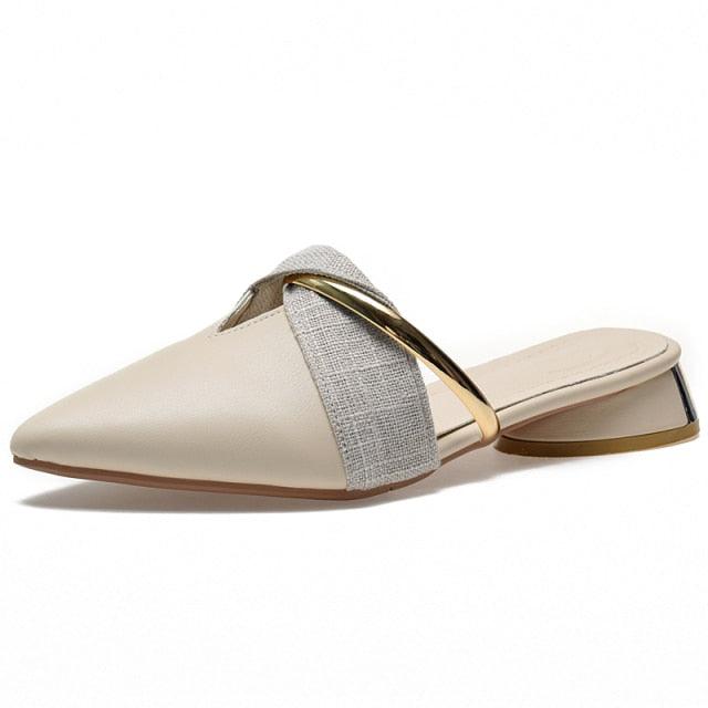 Stevvex slip-on slippers beige pointed-toe backless mule with metallic strap, low heel on Tampa Home & Garden Store