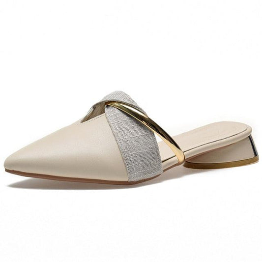 Stevvex slip-on slippers beige pointed-toe backless mule with metallic strap, low heel on Tampa Home & Garden Store