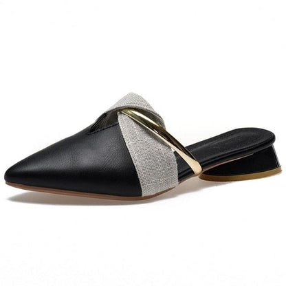 Elegant low-heel pointed-toe slippers for women in black with beige band and gold accent on Tampa Home & Garden Store
