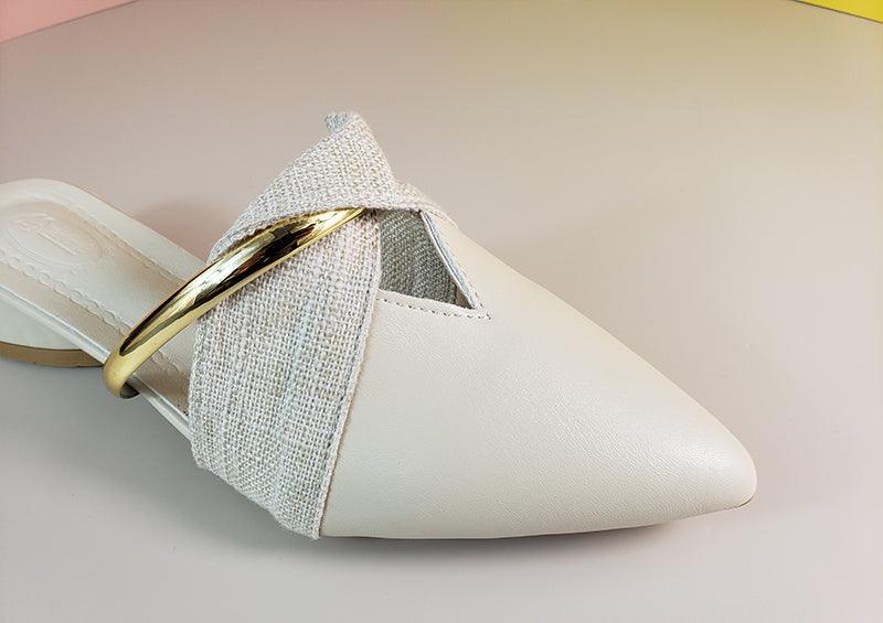 Stevvex ivory pointed-toe backless mule with textured fabric crossover strap and gold ring on Tampa Home & Garden Store