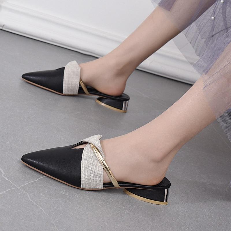 Stevvex pointed-toe backless slippers with black toe, beige band and gold strap, low heel on Tampa Home & Garden Store