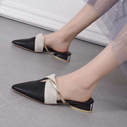 Stevvex pointed-toe backless slippers with black toe, beige band and gold strap, low heel on Tampa Home & Garden Store