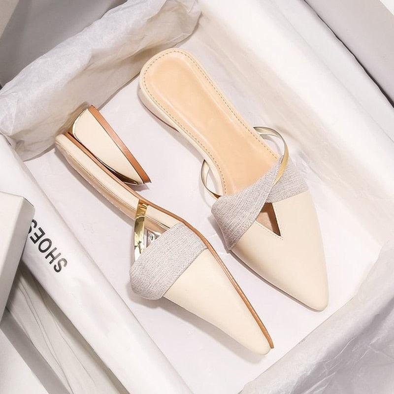Stevvex cream pointed-toe backless slip-on slippers pair with knit strap on Tampa Home & Garden Store