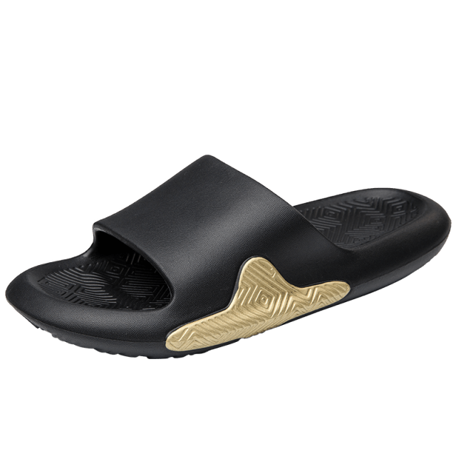 Men's black EVA slide slipper with wide strap, textured footbed, and gold side accent on Tampa Home & Garden Store