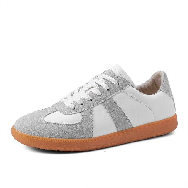 Stevvex mens sneakers with white and grey upper, orange sole, lace-up walking shoe on Tampa Home & Garden Store