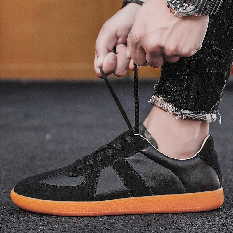 Stevvex men's sneakers black leather suede upper with orange sole on Tampa Home & Garden Store