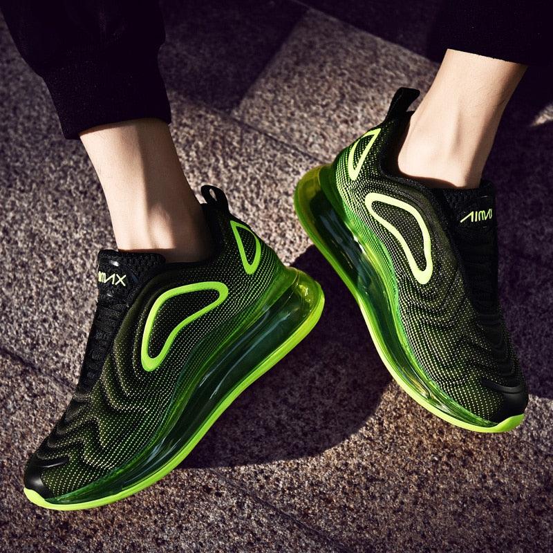 Stevvex men's running sneakers pair black breathable mesh neon green air cushion sole on Tampa Home & Garden Store