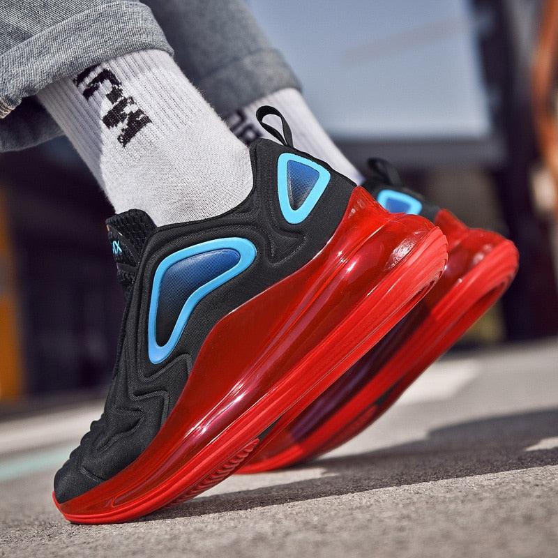Stevvex men's running sneakers with black mesh, blue accents, red air sole on Tampa Home & Garden Store
