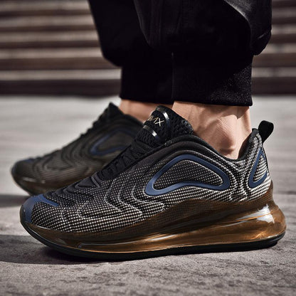 Stevvex athletic sneakers pair with black mesh and blue overlays, brown air cushioned sole on Tampa Home & Garden Store
