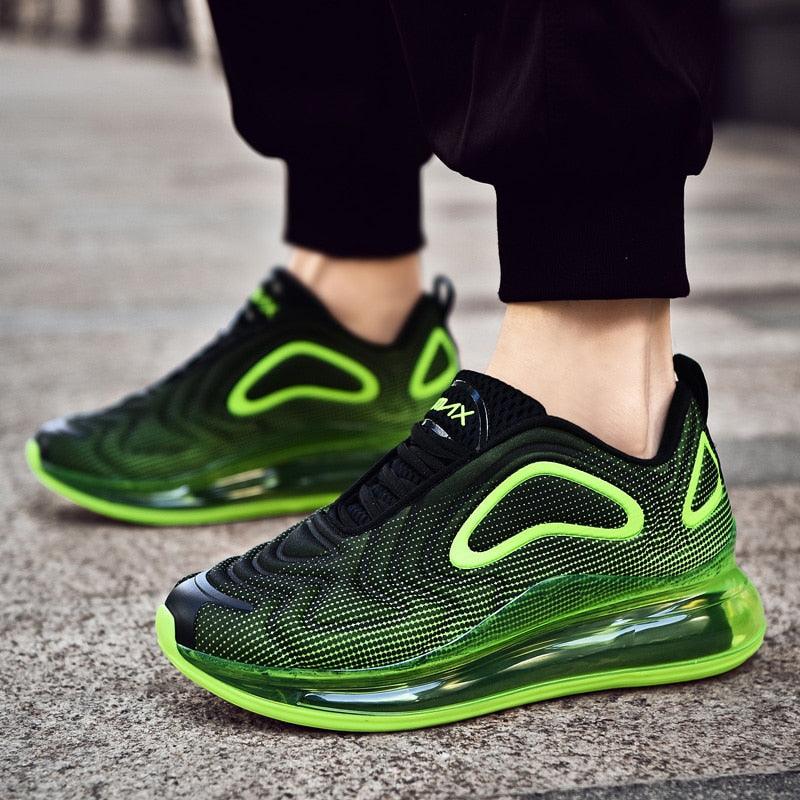 Stevvex athletic sneakers in black with neon green breathable mesh and air-cushioned sole on Tampa Home & Garden Store