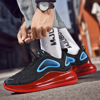 Stevvex athletic sneakers with breathable mesh, black with blue overlays, red cushion sole on Tampa Home & Garden Store