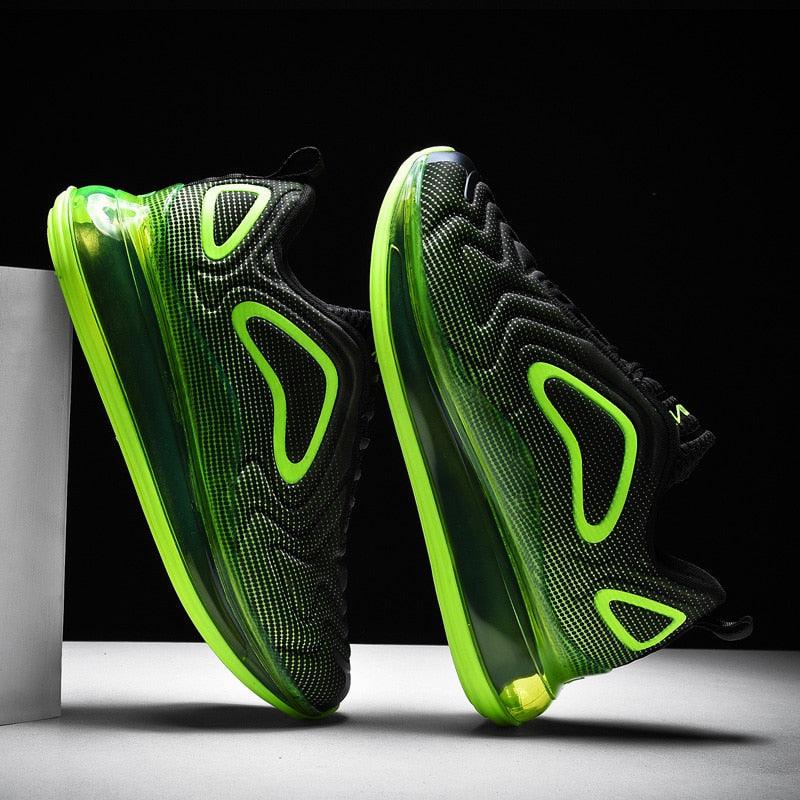Stevvex athletic sneakers pair with breathable black mesh and neon-green air cushion soles on Tampa Home & Garden Store