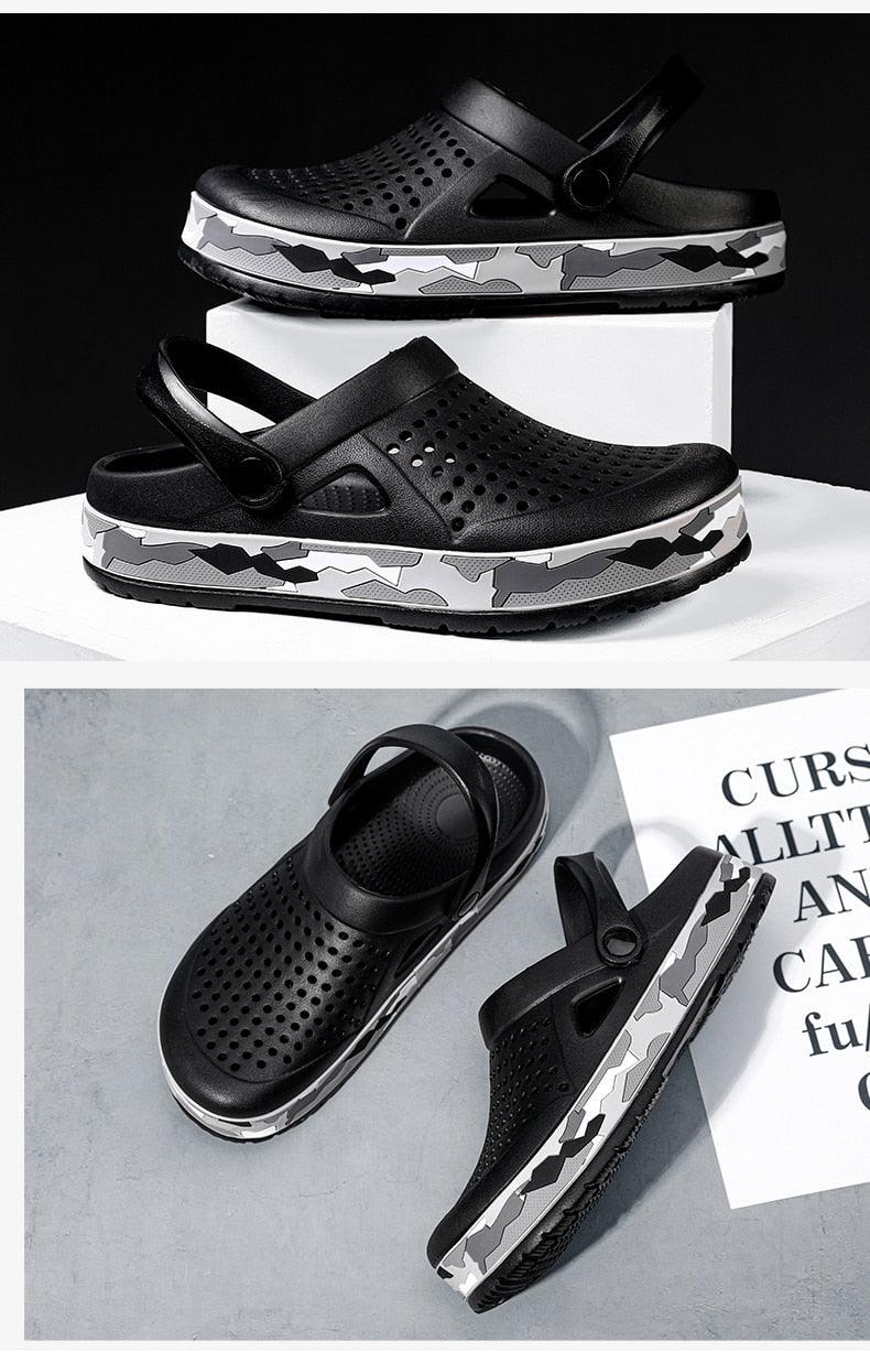 Men's Stevvex black garden clogs with perforated uppers and camouflage midsole, 2 pairs on Tampa Home & Garden Store