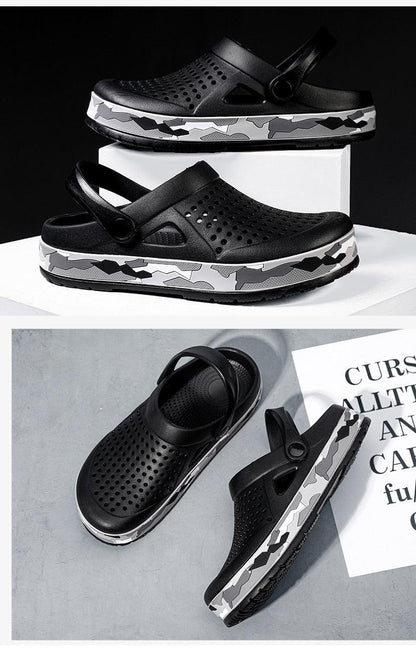 Men's Stevvex black garden clogs with perforated uppers and camouflage midsole, 2 pairs on Tampa Home & Garden Store