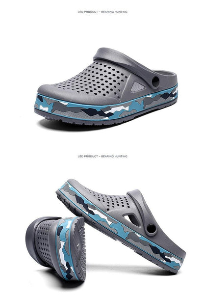 Men's Stevvex gray perforated garden clogs with blue camo sole for indoor and outdoor use, 2 views on Tampa Home & Garden Store