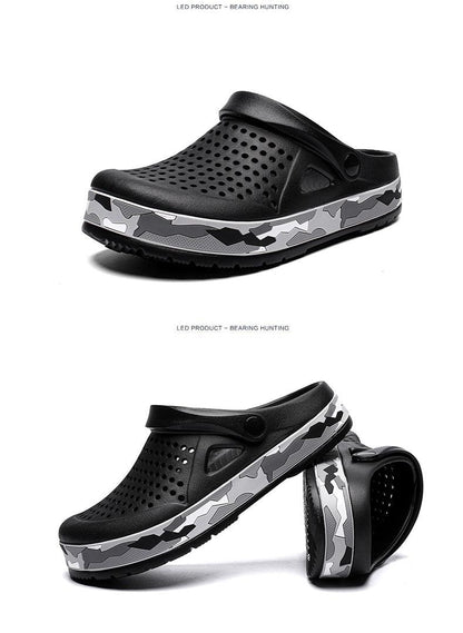 Stevvex men's black garden clogs with perforated upper and camo-pattern sole, adjustable strap on Tampa Home & Garden Store