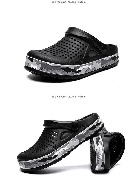 Stevvex men's black garden clogs with perforated upper and camo-pattern sole, adjustable strap on Tampa Home & Garden Store