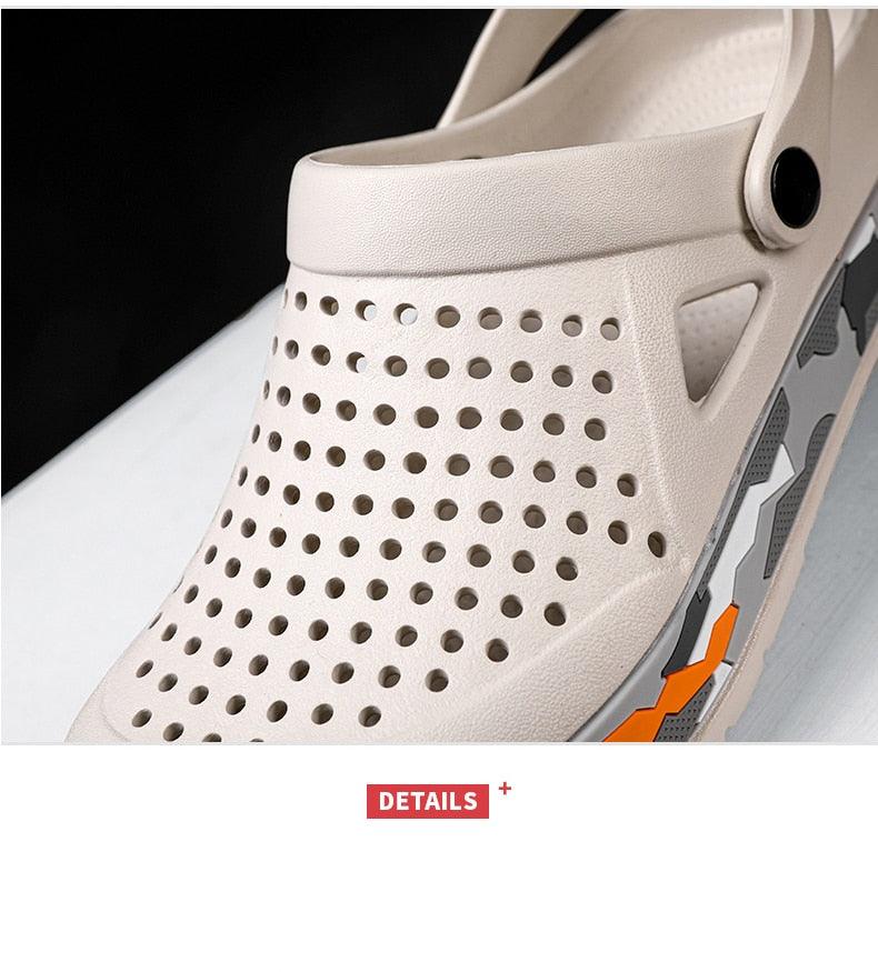 Beige Stevvex men's garden clogs with perforated upper and back strap, rugged sole details on Tampa Home & Garden Store