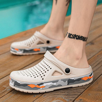 Men's Stevvex beige garden clogs with black toggle and camo orange sole for indoor outdoor on Tampa Home & Garden Store
