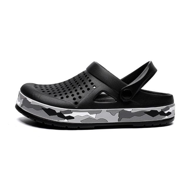 Men's black garden clogs with perforated upper and back strap, camo-pattern sole on Tampa Home & Garden Store