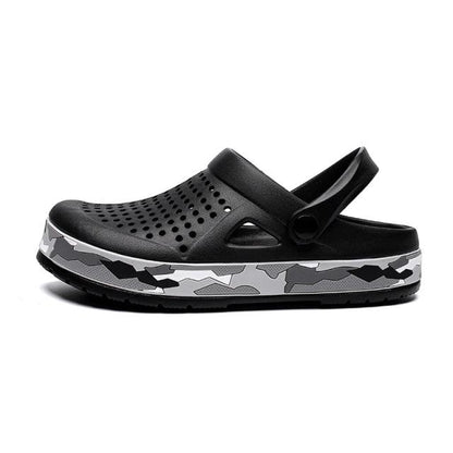 Men's black garden clogs with perforated upper and back strap, camo-pattern sole on Tampa Home & Garden Store