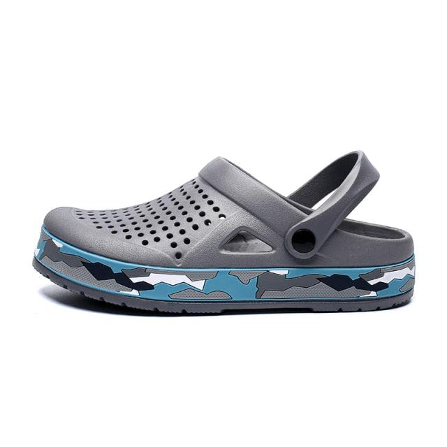 Stevvex men's gray garden clogs slippers with perforated upper and blue camo sole on Tampa Home & Garden Store
