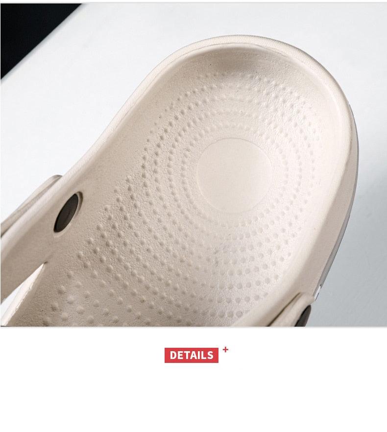 Men's garden clog interior close-up with cream textured footbed and circular dot pattern on Tampa Home & Garden Store